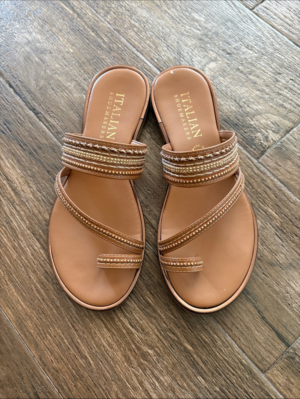 Women’s Brown Beaded Toe-Ring Slide Sandals Italian Shoemakers